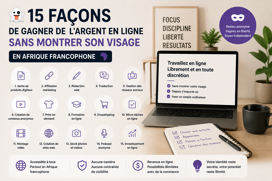 15 façons de gagner de l'argent en ligne sans montrer son visage en afrique francophone